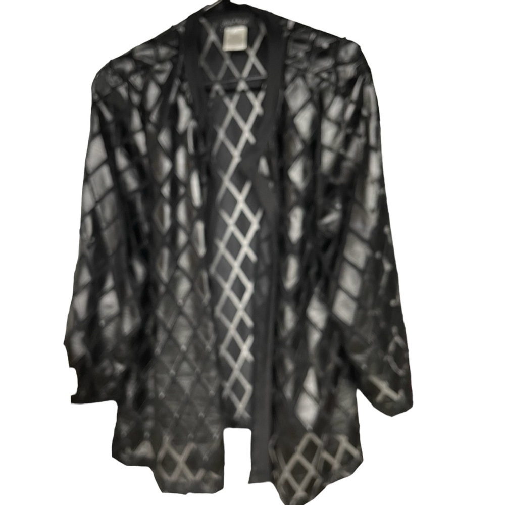 Slinky Brand Black 2X Diamond Pattern Sheer 3/4 Sleeve Open Front Kimono in EUC - Picture 5 of 9